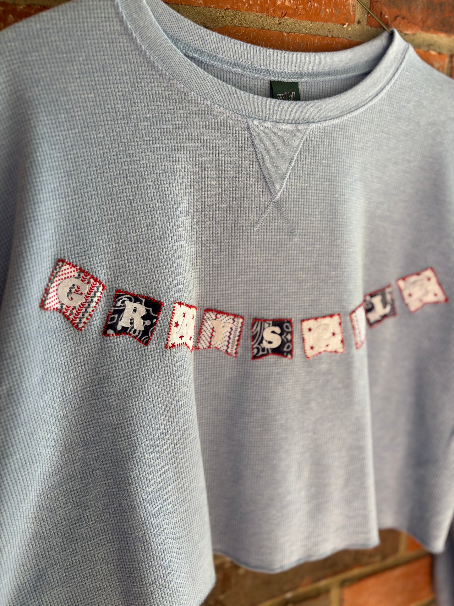 Grayscale Embroidered Banner Longsleeve Tee - (Baby Blue M)