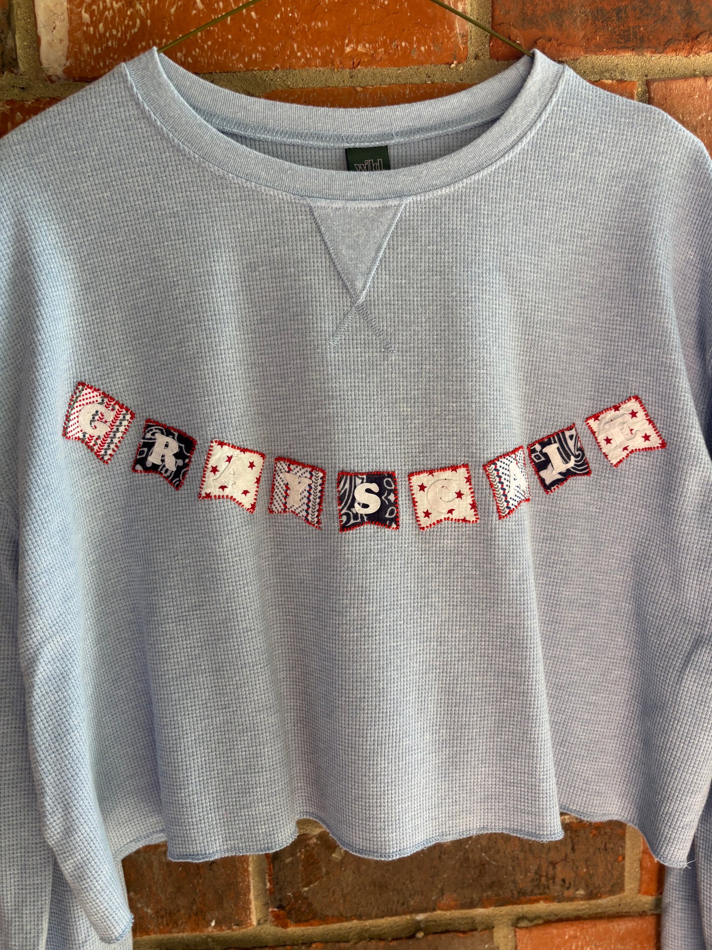 Grayscale Embroidered Banner Longsleeve Tee - (Baby Blue M)