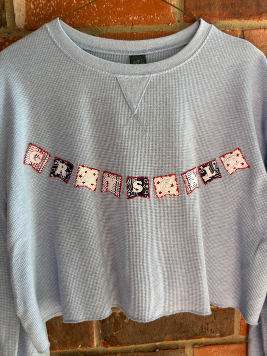 Grayscale Embroidered Banner Longsleeve Tee - (Baby Blue M)